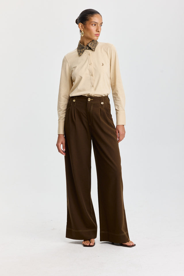 חולצה מכופתרת ספייסי ארוכה שמנת צווארון מנומר