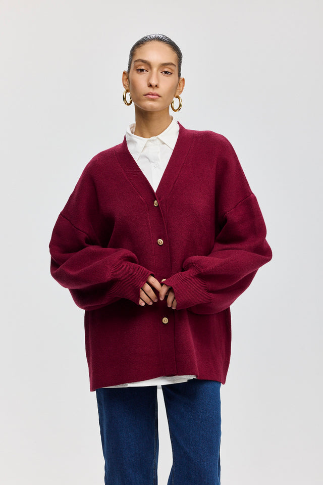 קרדיגן פרזנט סוודר שרוולים תפוחים בורגנדי