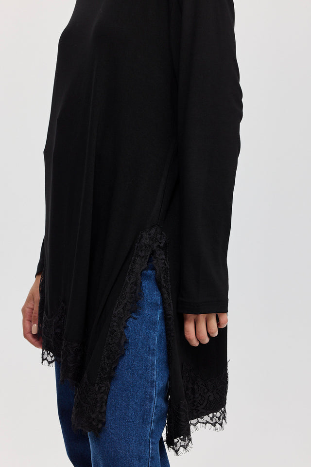 חולצת טוניקה פאמפקין אסימטרית תחרה שחורה