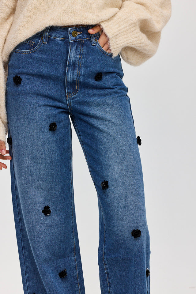 מכנסי ג'ינס פלוראל וואש כחול