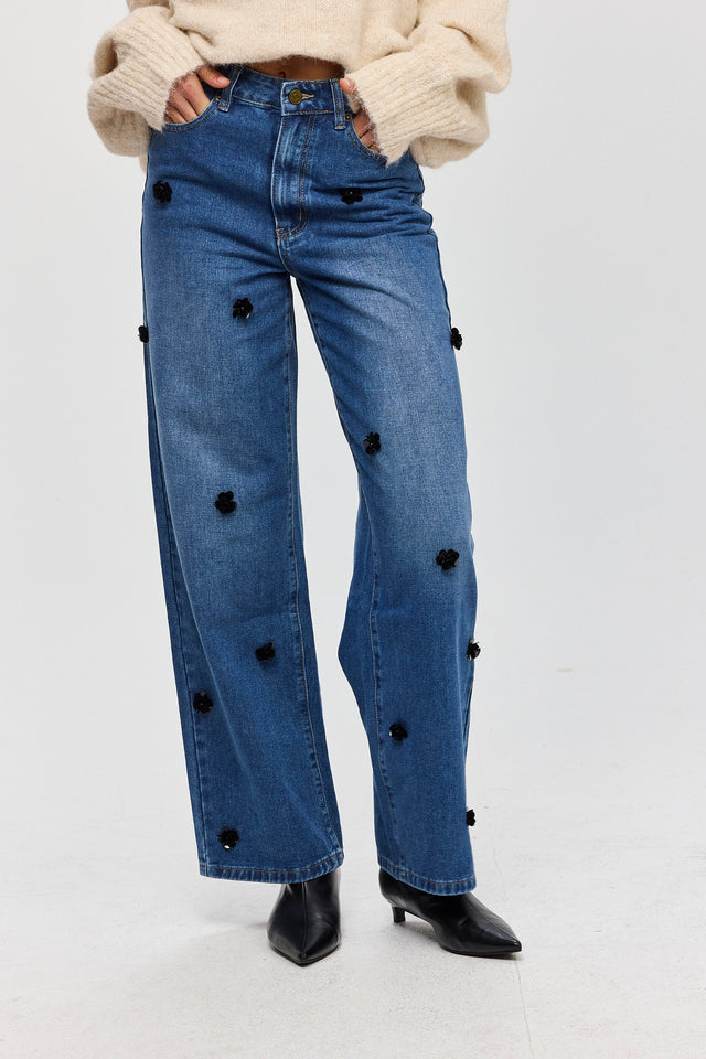 מכנסי ג'ינס פלוראל וואש כחול