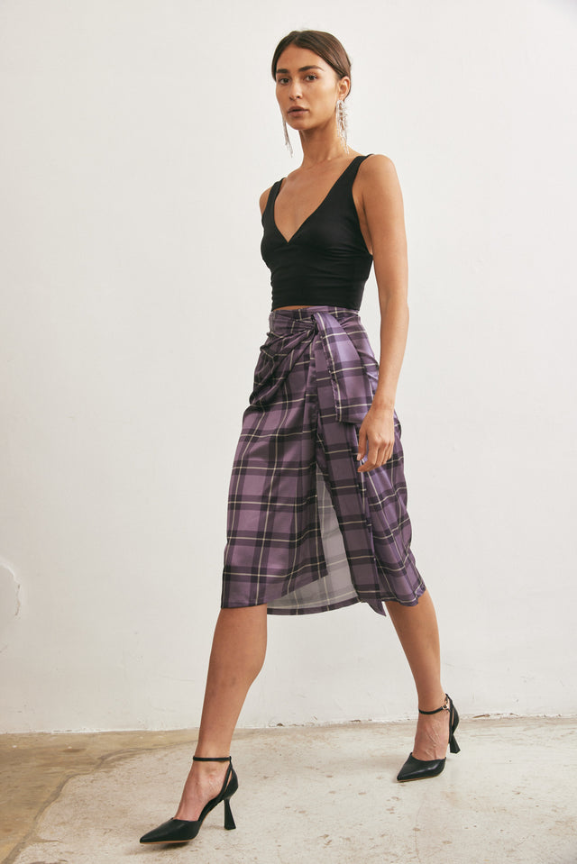 חצאית מעטפת מיאגי משבצות סגולה