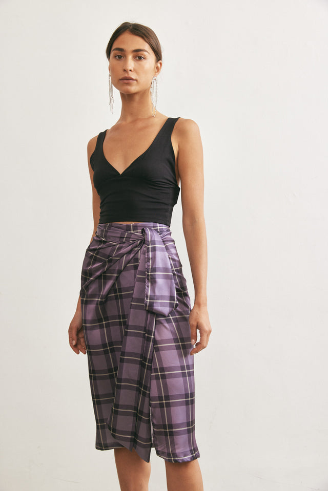 חצאית מעטפת מיאגי משבצות סגולה