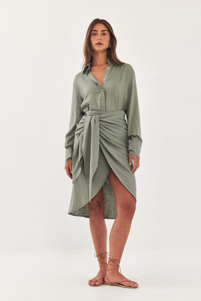 חצאית מעטפת מונאקו פשתן פסים ירוקה