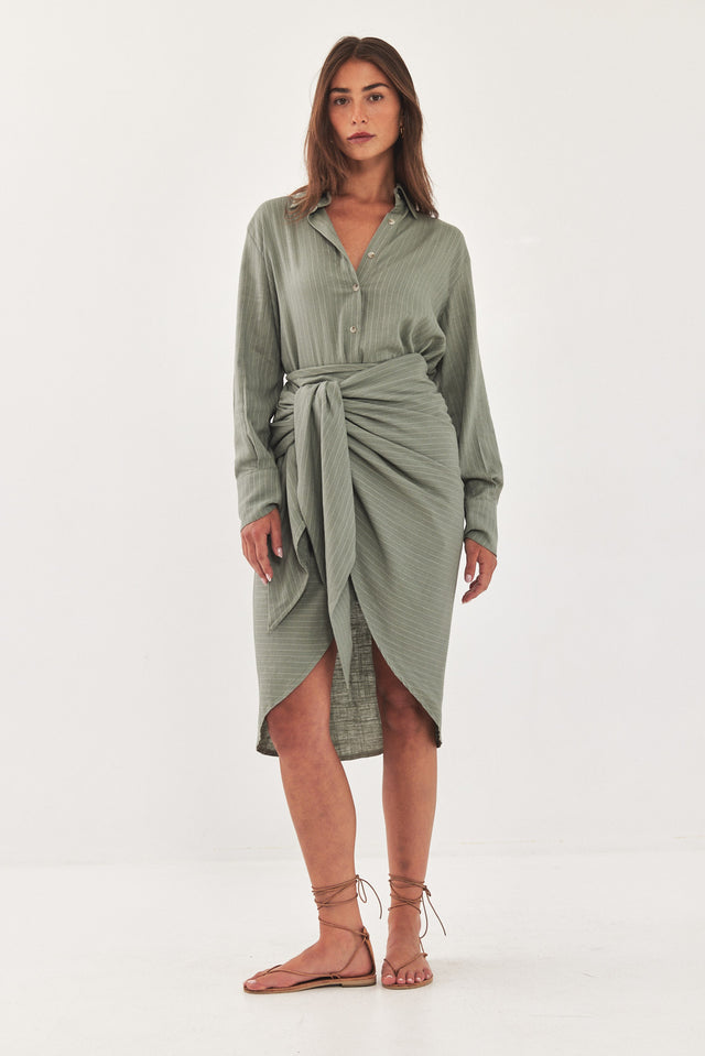 חצאית מעטפת מונאקו פשתן פסים ירוקה