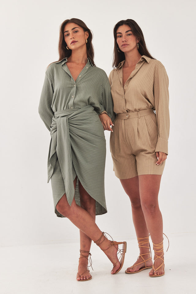 חצאית מעטפת מונאקו פשתן פסים ירוקה