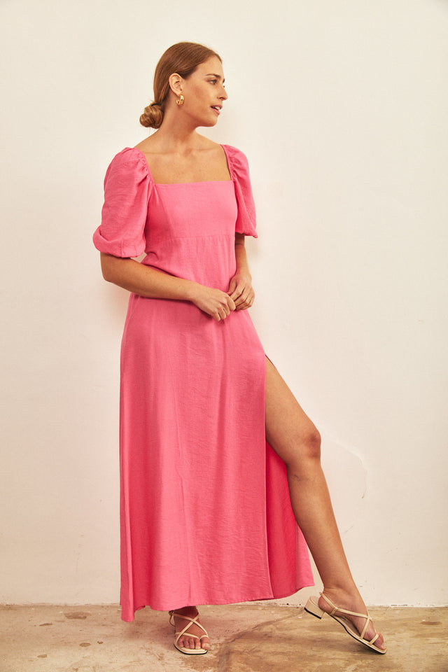 שמלת שרוולים תפוחים בלה ורודה