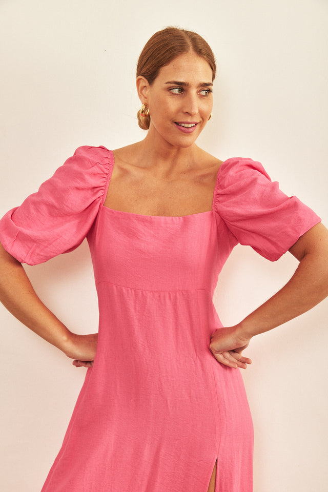 שמלת שרוולים תפוחים בלה ורודה