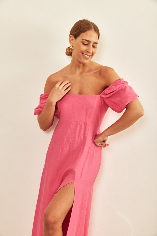 שמלת שרוולים תפוחים בלה ורודה