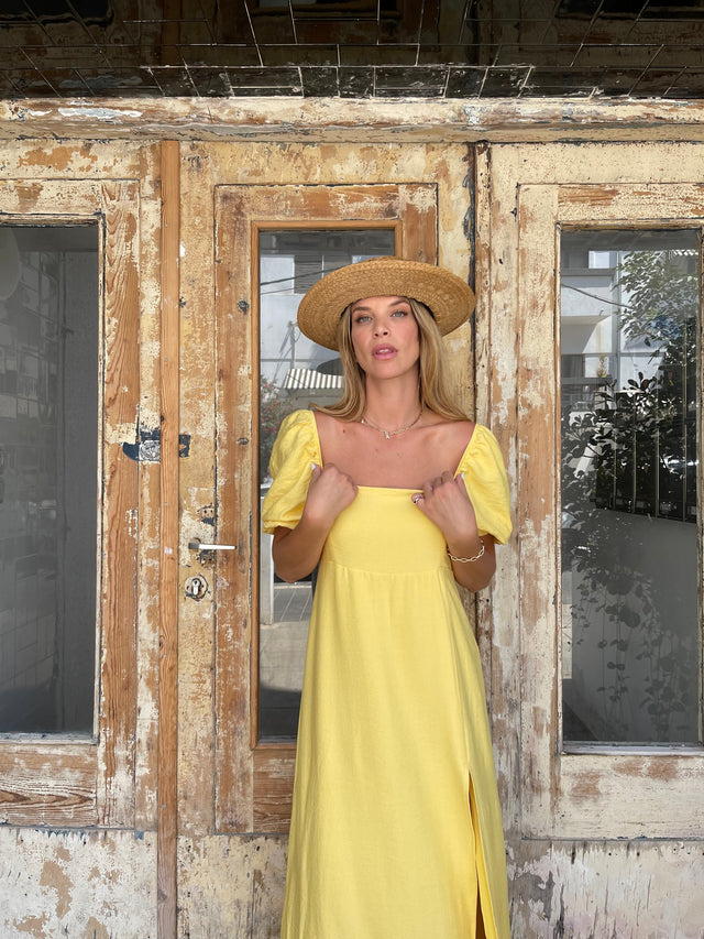 שמלת שרוולים תפוחים צהובה בלה