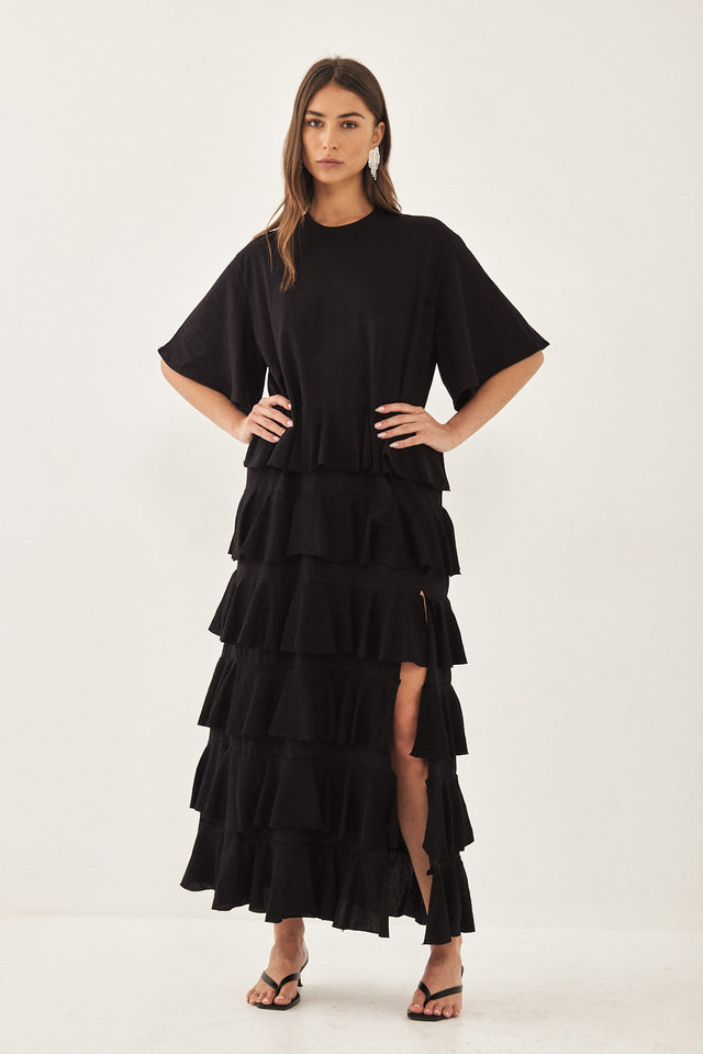 שמלת קומות דומיניק פפלום כותנה שסע שחורה