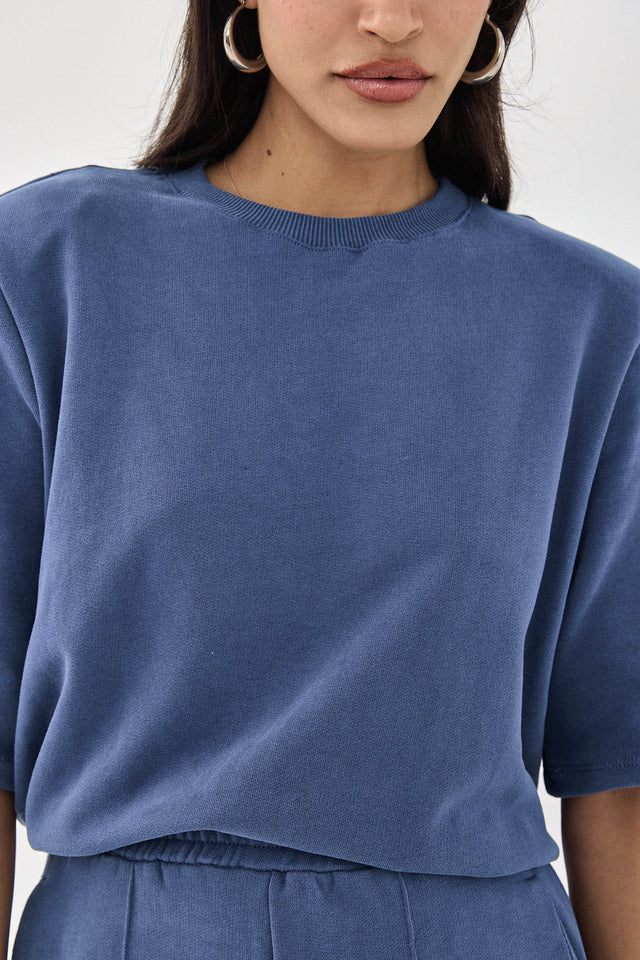 חולצת טארט-טטן פרנץ' טרי אוברסייז כריות נשלפות קצרה כחולה