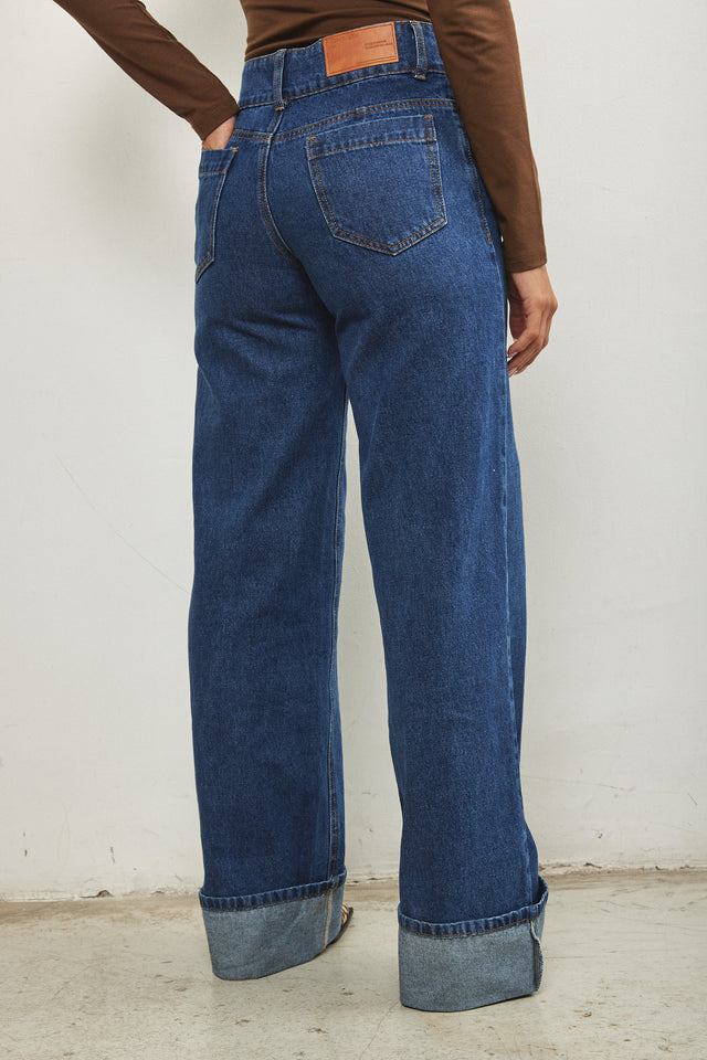 מכנסי ג'ינס גלוריה מתרחבים קיפול כחולים
