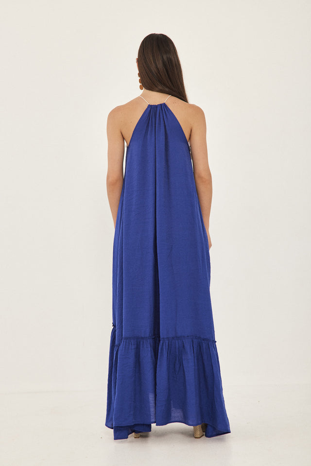 שמלת ג'מילה קשירה פרנזים מקסי פפלום כחולה