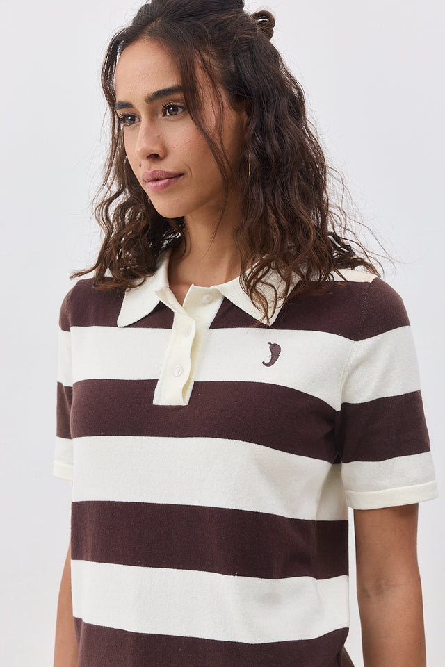 חולצת סריג פולו ספייסי קצרה פסים שוקולד שמנת