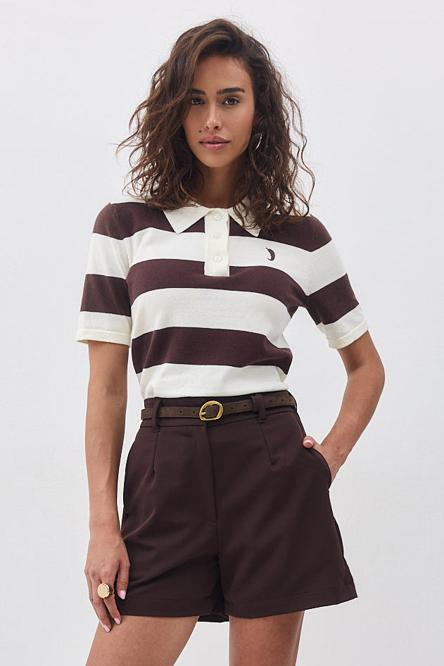 חולצת סריג פולו ספייסי קצרה פסים שוקולד שמנת