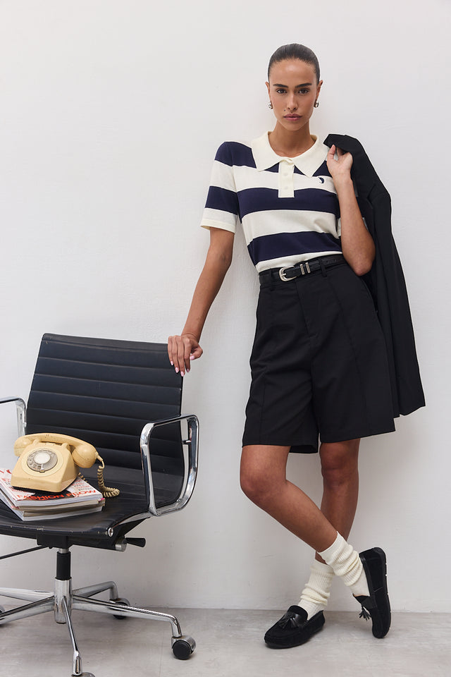 חולצת סריג פולו ספייסי קצרה פסים נייבי שמנת