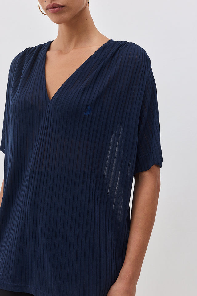 חולצה מפתח וי כיווצים קצרה נייבי