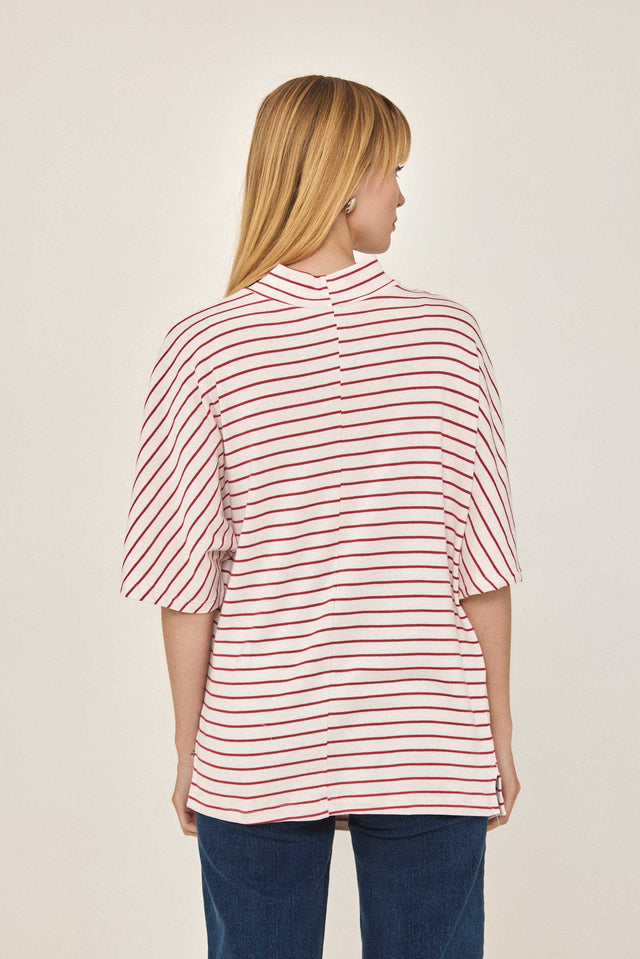 חולצת סול דיטייל כתף כיווצים פסים אדום-לבן