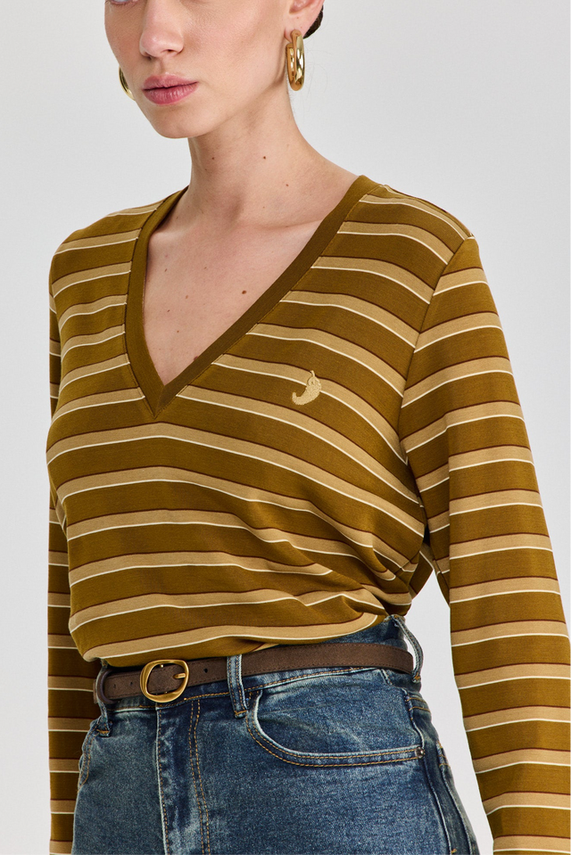 חולצת קוקיז מפתח וי שרוולים ארוכים פסים ירוק חום