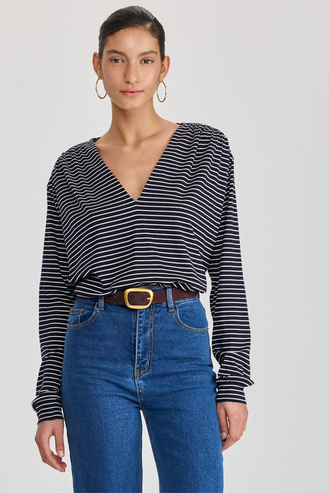חולצת וי כיווצים שרוולים ארוכים פסים נייבי