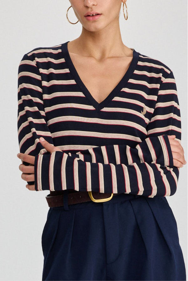 חולצת קוקיז מפתח וי שרוולים ארוכים פסים נייבי בורגנדי