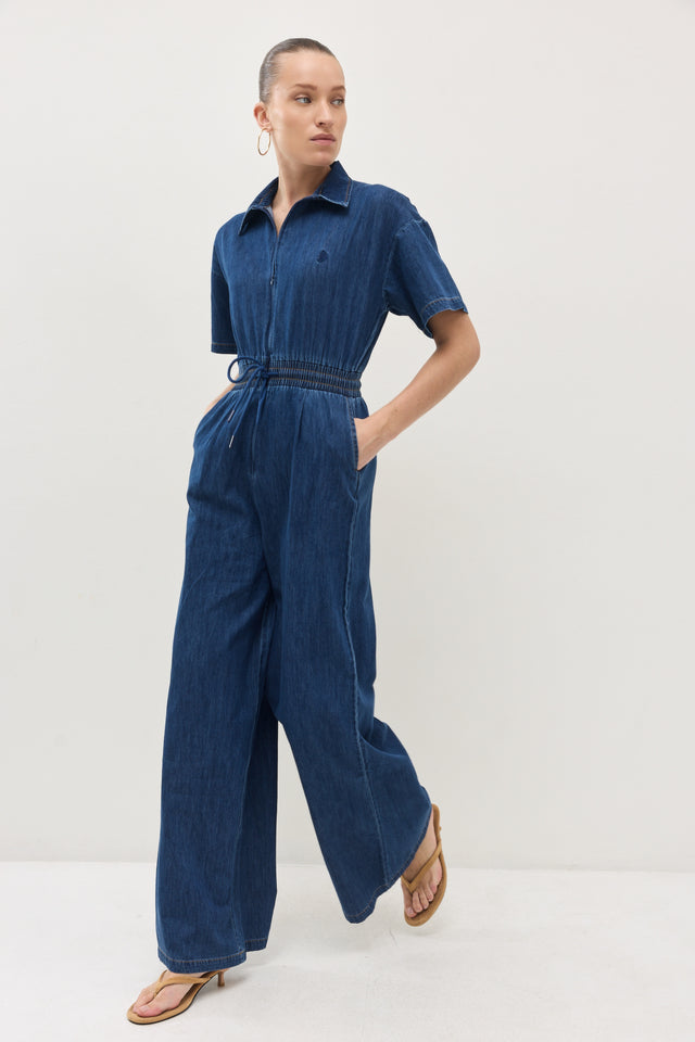 אוברול זיפר ג׳ינס וונט ספייסי קצר נייבי