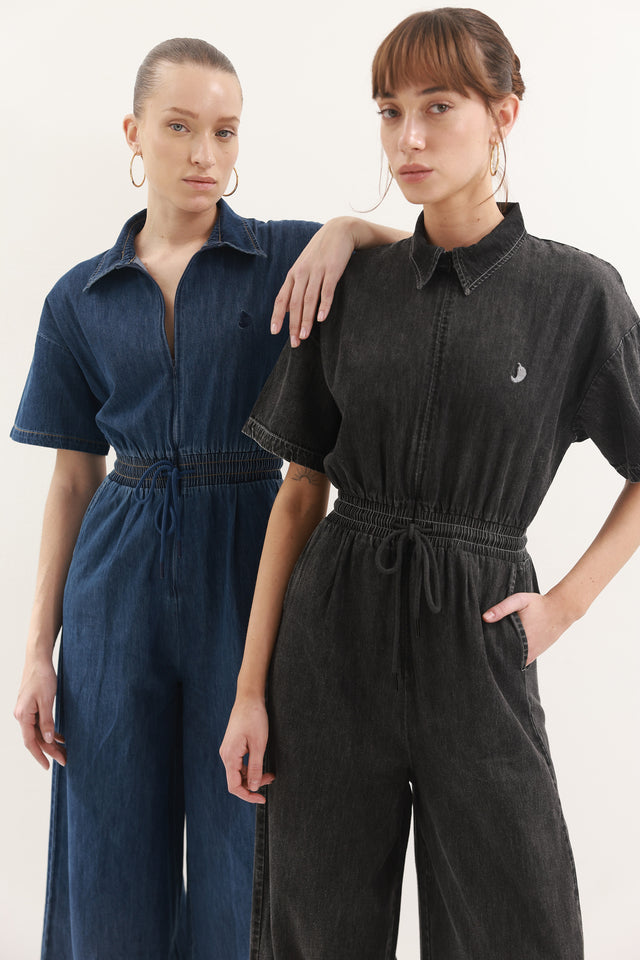 אוברול זיפר ג׳ינס וונט ספייסי קצר שחור