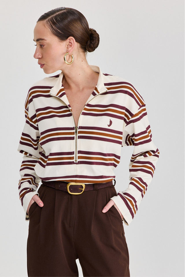 חולצת זיפר ספייסי שרוול ארוך חום פסים