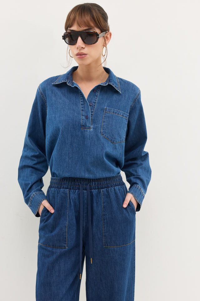 חולצת ג'ינס זואי פולו וואש כחול כהה