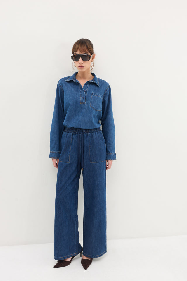 מכנסי ג'ינס זואי גומי במתניים וואש כחול כהה