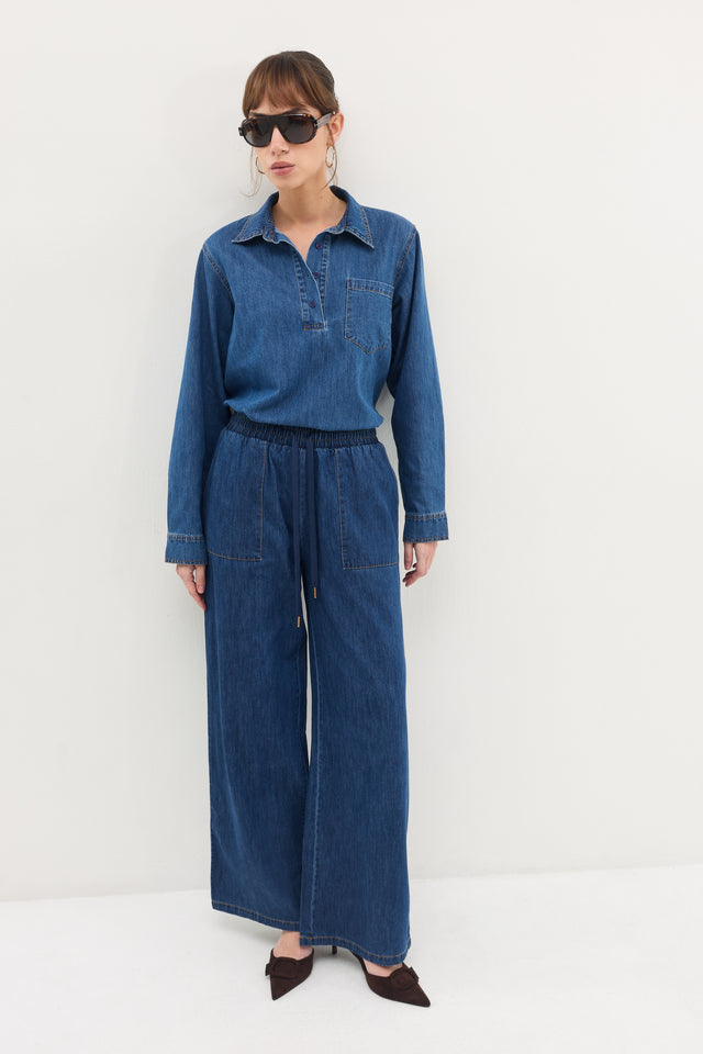 מכנסי ג'ינס זואי גומי במתניים וואש כחול כהה