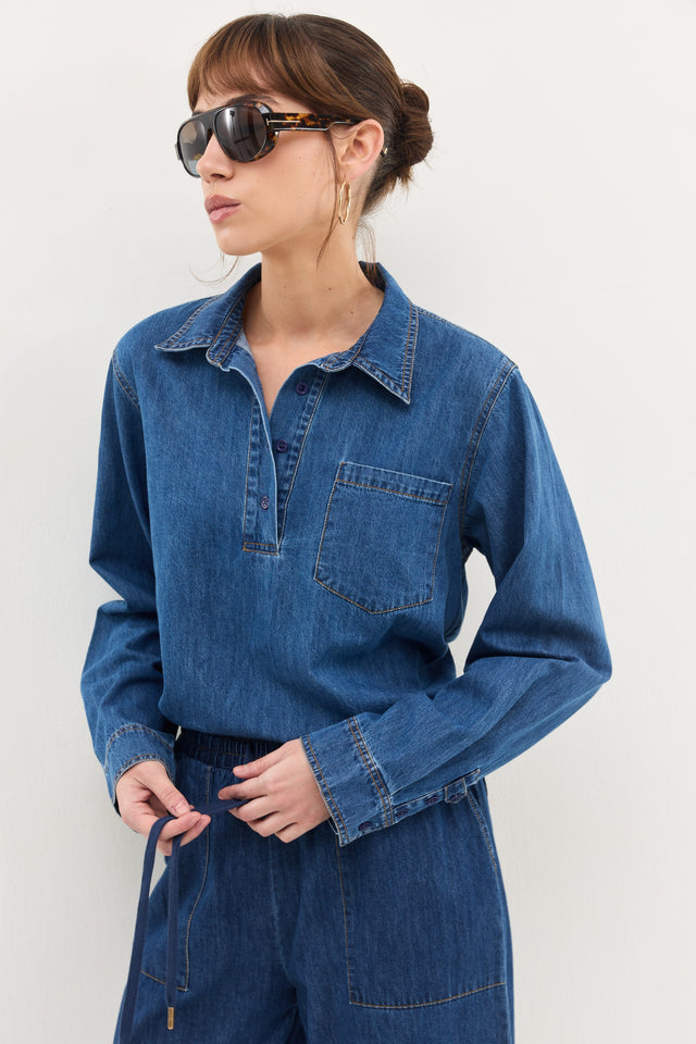 חולצת ג'ינס זואי פולו וואש כחול כהה