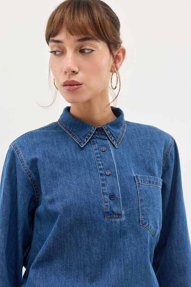 חולצת ג'ינס זואי פולו וואש כחול כהה