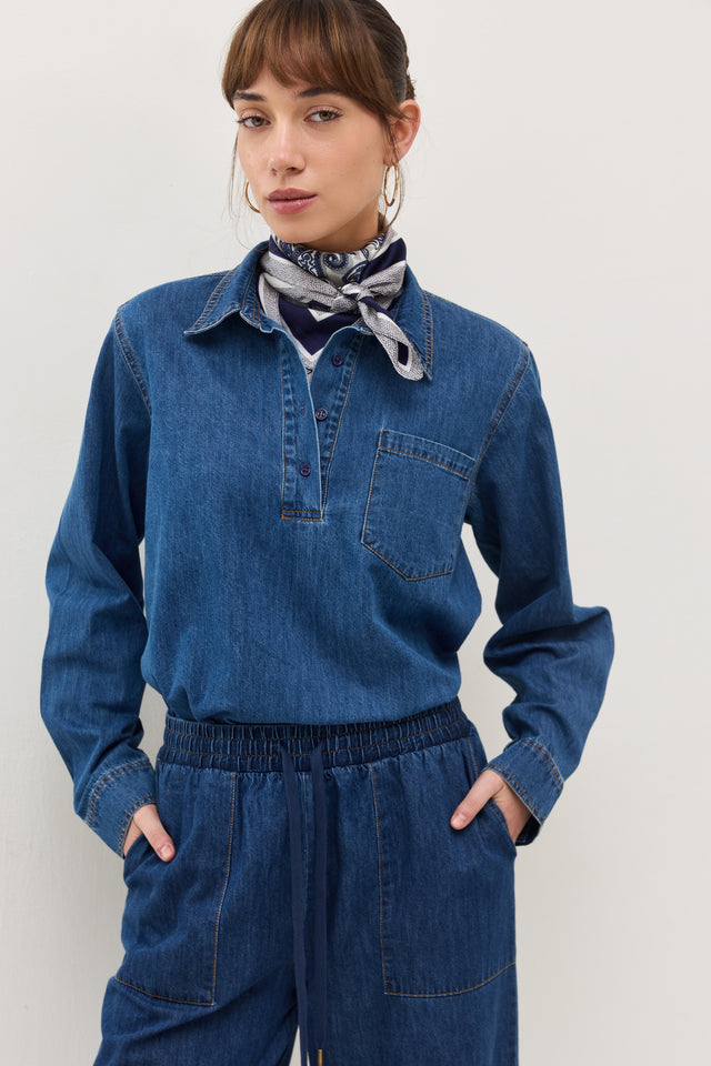 חולצת ג'ינס זואי פולו וואש כחול כהה