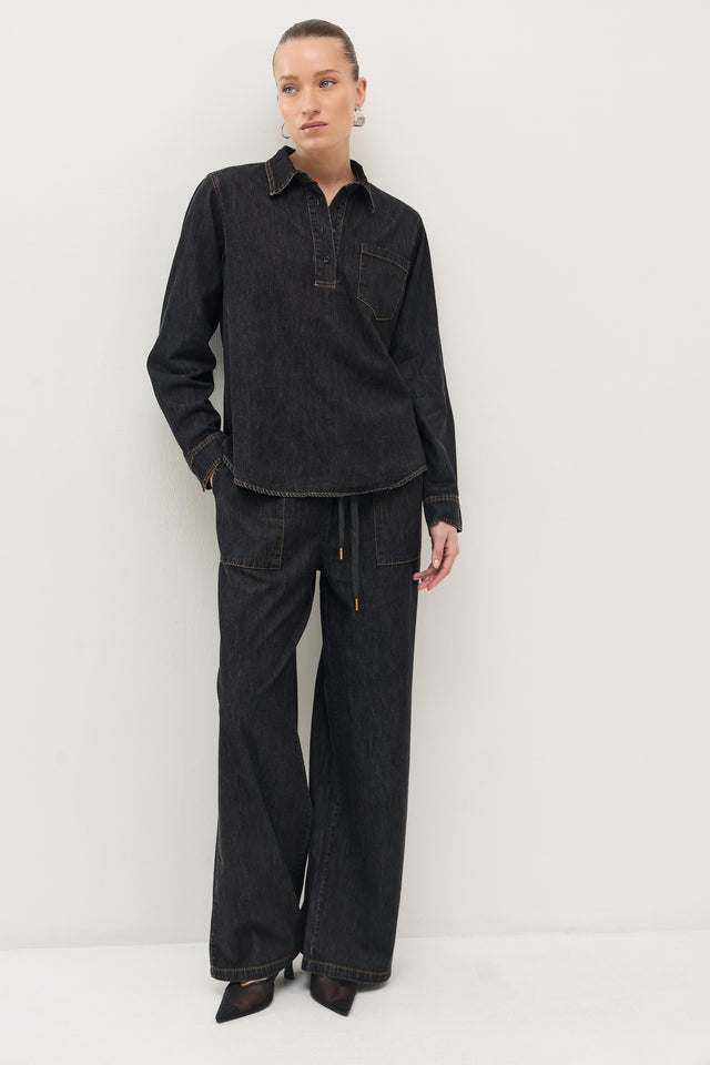 מכנסי ג'ינס זואי גומי במתניים וואש שחור