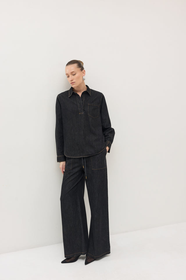 מכנסי ג'ינס זואי גומי במתניים וואש שחור