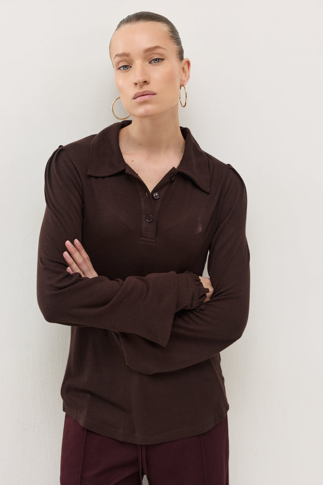 חולצת באן פולו שרוולים תפוחים חום שוקולד