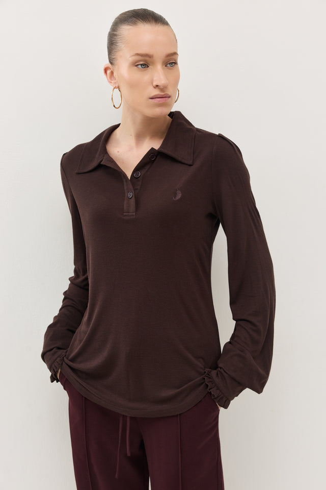 חולצת באן פולו שרוולים תפוחים חום שוקולד