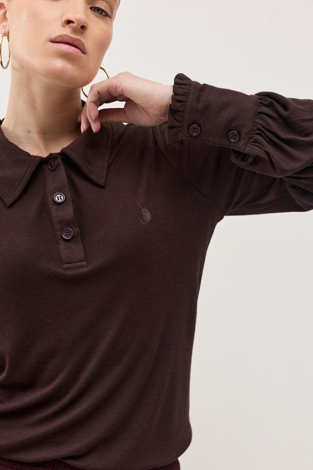 חולצת באן פולו שרוולים תפוחים חום שוקולד