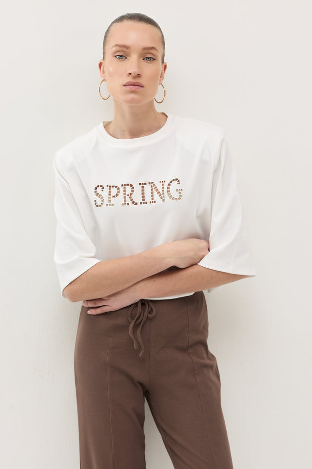 חולצת SPRING תחרה כריות כתפיים נשלפות לבנה