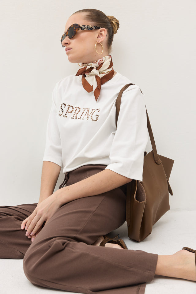 מטפחת סאטן משי פרחוני שמנת חום