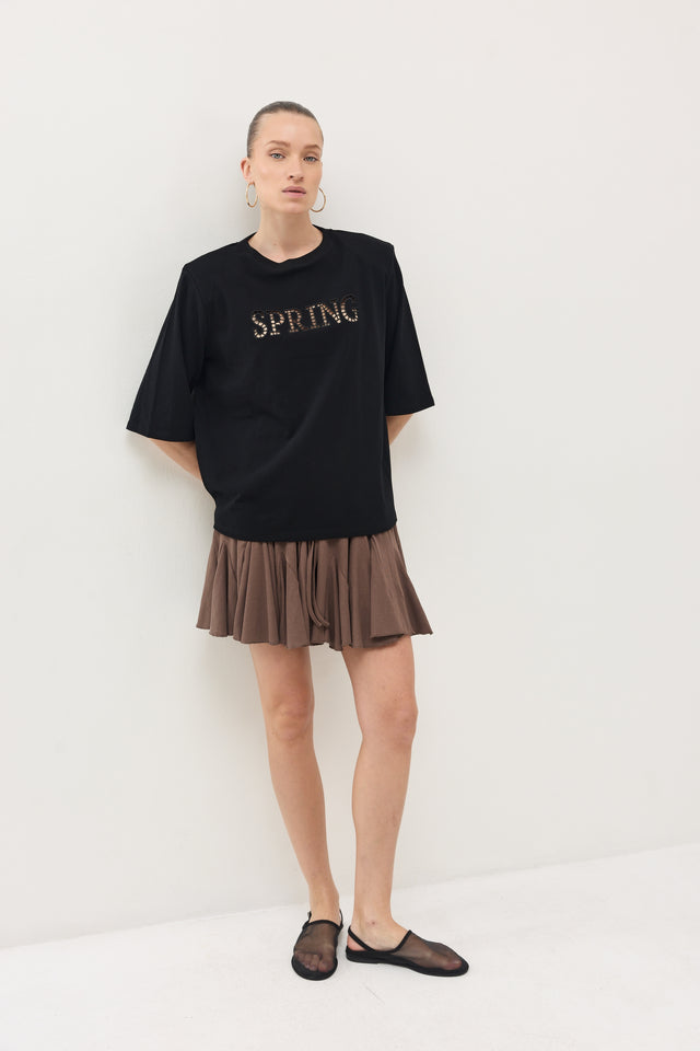 חולצת SPRING תחרה כריות כתפיים נשלפות שחורה