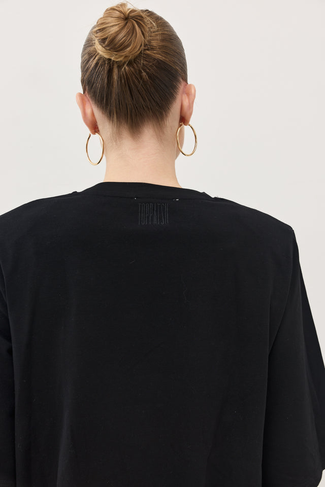 חולצת SPRING תחרה כריות כתפיים נשלפות שחורה