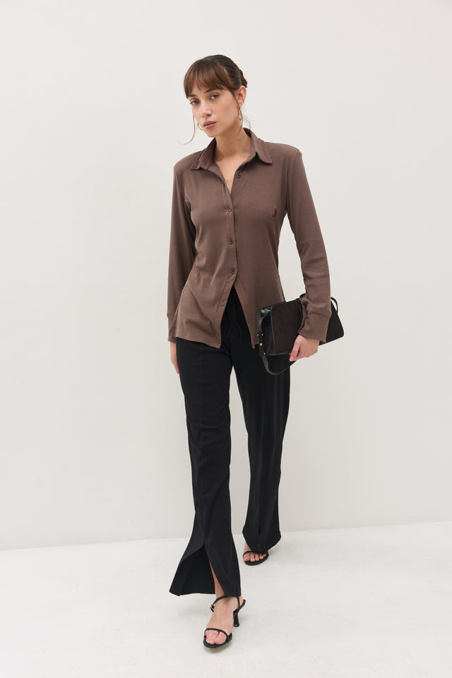 מכנסי קקאו ריב פתח קדמי שחורים