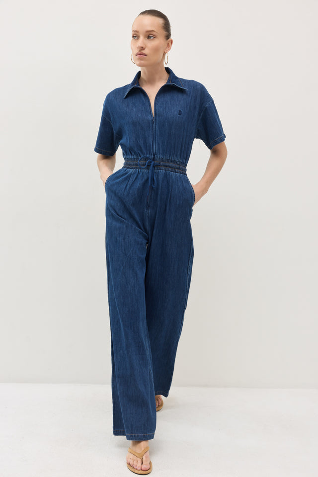 אוברול זיפר ג׳ינס וונט ספייסי קצר נייבי