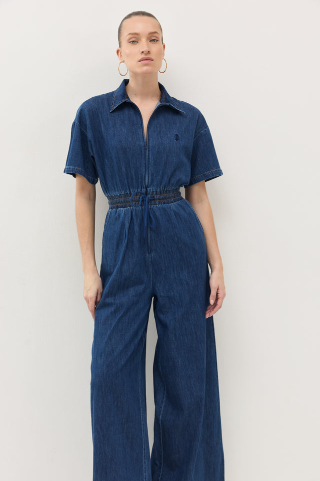 אוברול זיפר ג׳ינס וונט ספייסי קצר נייבי