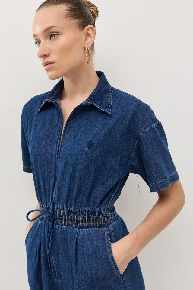 אוברול זיפר ג׳ינס וונט ספייסי קצר נייבי