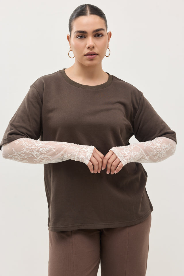 חולצת ספיריט מפתח עגול קצרה שרוולי תחרה חומה