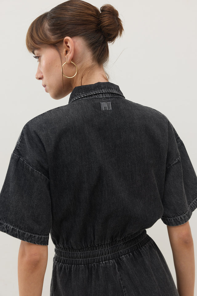 אוברול זיפר ג׳ינס וונט ספייסי קצר שחור